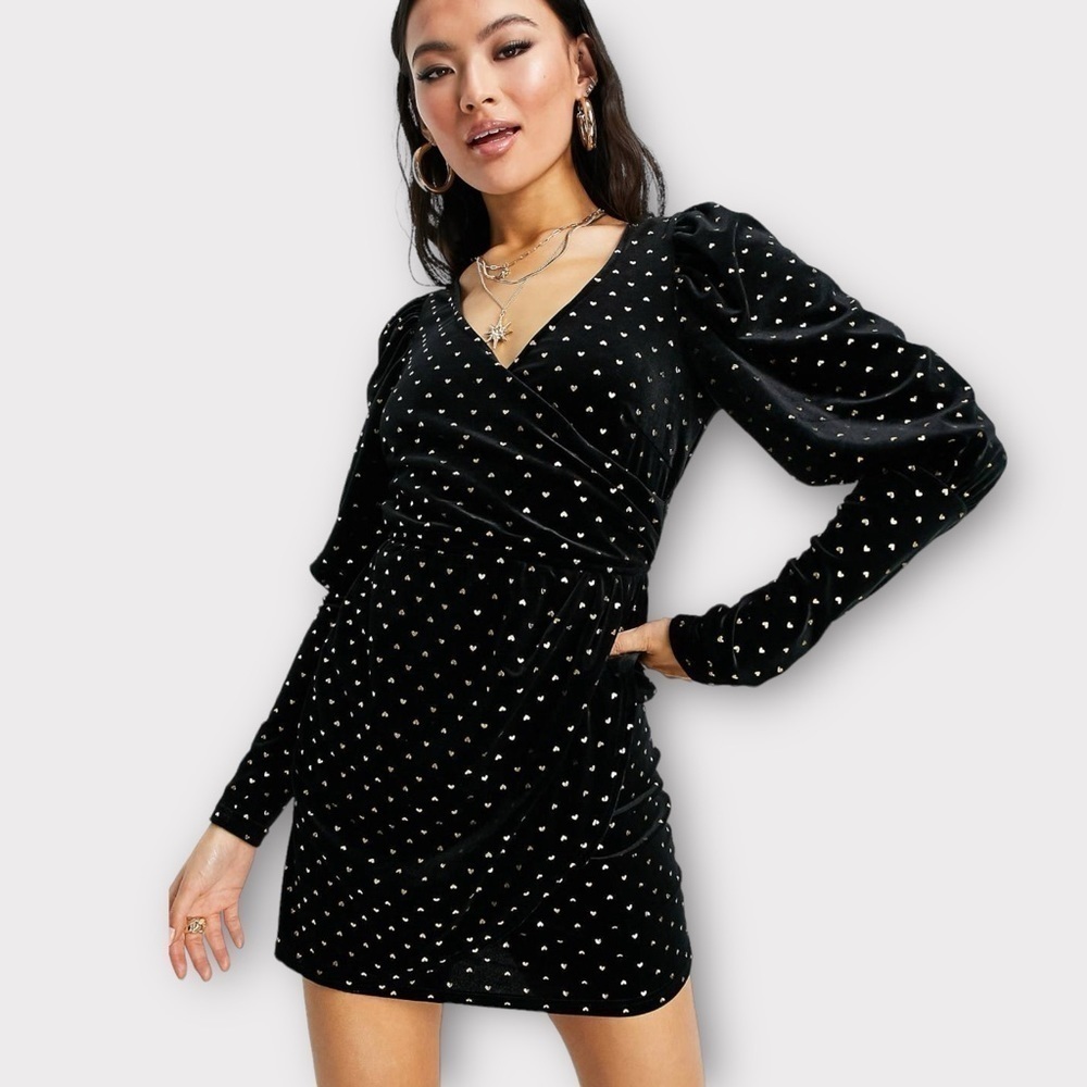 Saint Genies Heart Print Velvet Faux Wrap Mini Dress Black and Gold NWT